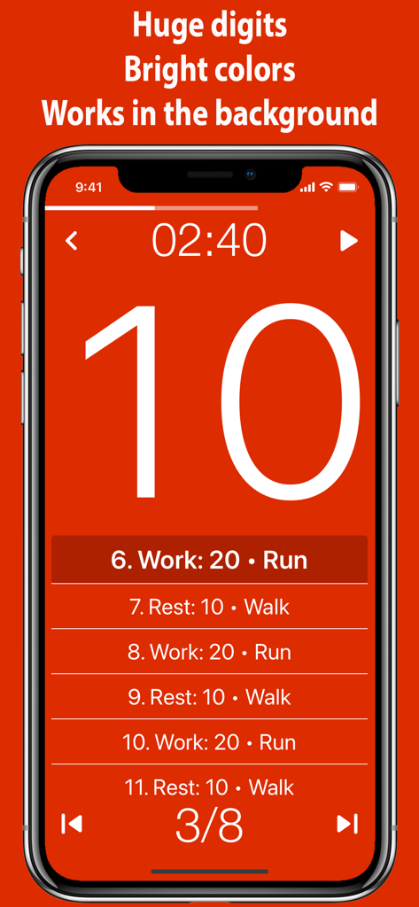 Tabata Timer app interface showing large countdown digits and a list of workout intervals