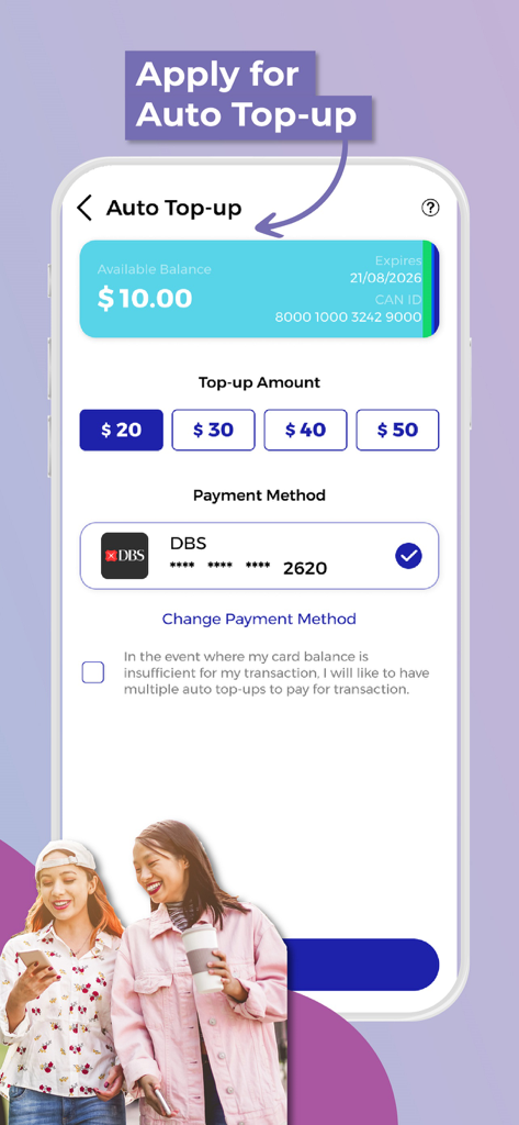 SimplyGo - SimplyGo app screen for setting up automatic transit card top-ups with selectable amounts and linked bank card