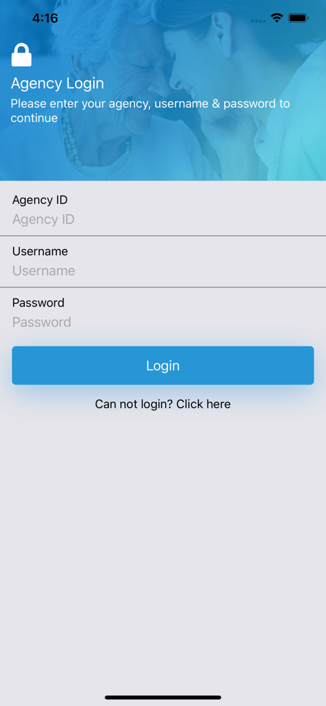 CareSmartz360 Agency App - Secure login screen for the CareSmartz360 Agency App with agency ID username and password fields