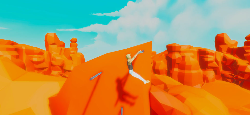 A low poly stickman gymnast swinging on a horizontal bar in a vibrant desert canyon environment