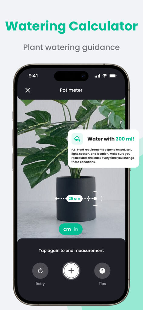 Fonction Calculateur d'arrosage de l'application PlantIn montrant la mesure du pot AR et la recommandation d'arrosage pour une plante d'intérieur.