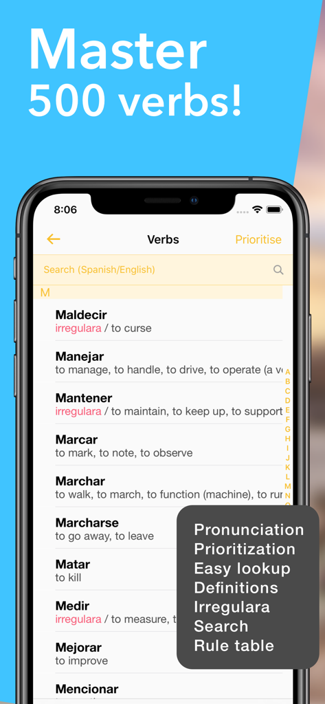 Conjuu - Spanish Full Edition - Searchable list of Spanish verbs with definitions and irregular indicators in the Conjuu app