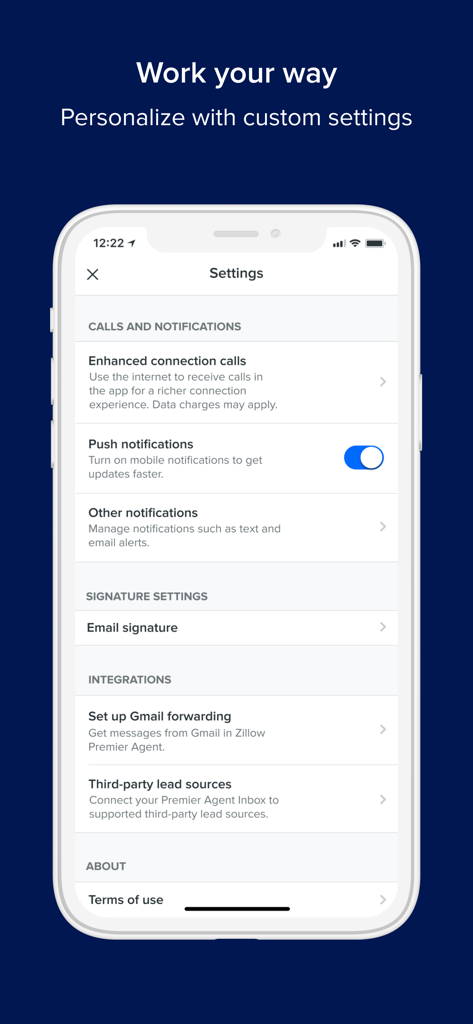 Premier Agent - Premier Agent app settings screen showing notification and integration options for real estate professionals.