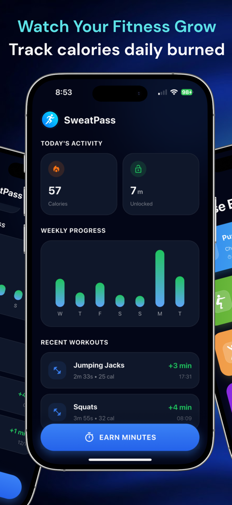 SweatPass: Earn Screen Time - SweatPass mobile app dashboard displaying daily calorie burn, unlocked screen time minutes, and weekly progress analytics