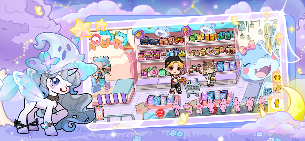 My little unicorn：Pets academy - My Little Unicorn Pets Academy supermarket gameplay showing characters shopping with a unicorn mascot.