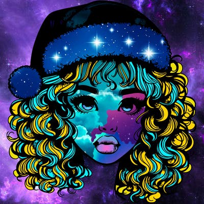 realistic girl with a santa hat curly hair and lips