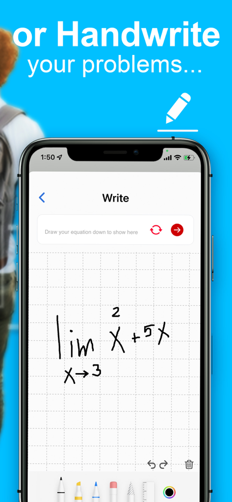 Math Solver Homework helper - Smartphone interface showing a handwritten calculus problem being entered into the Math Solver app