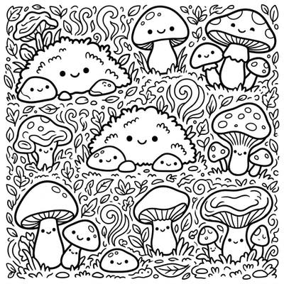 Step into a whimsical world where adorable Kawaii mushrooms and cheerful moss clumps invite you to explore nature's gentle beauty. This intricate coloring page promises a delightful and relaxing artistic adventure for all ages.