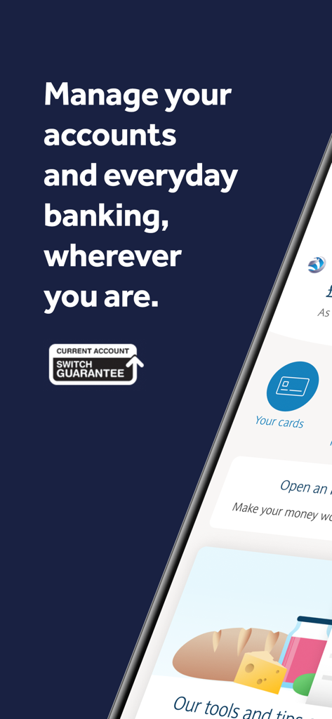 Barclays UK - Ein Smartphone-Bildschirm, der die Benutzeroberfläche der Barclays UK Mobile App mit Text zur Verwaltung von Konten und zum alltäglichen Banking überall zeigt