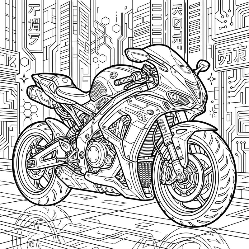 Explore the thrilling aesthetic of a high-tech future with this intricate cyberpunk motorcycle coloring page. Perfect for fans of futuristic designs and detailed vehicle art, this template offers a unique creative challenge.