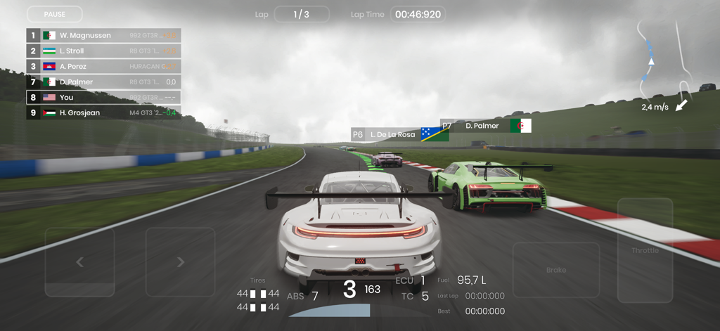 GT3 race cars competing on a track in the Gran Velocita driving simulator showing detailed telemetry and professional HUD.