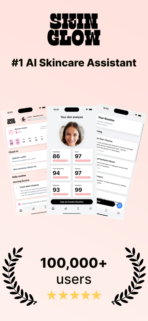 Skincare Scanner - SkinGlow AI - Mobile app interface for SkinGlow AI showing skin analysis scores and personalized skincare routines for users
