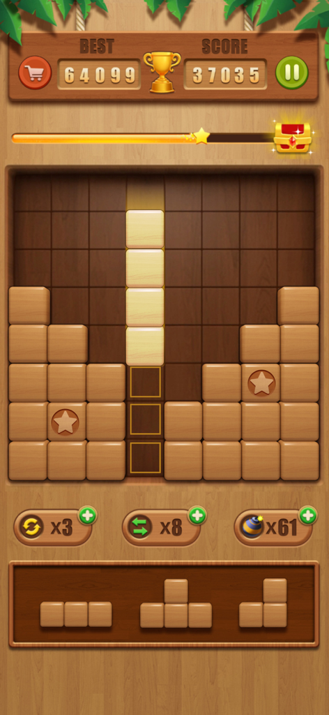 Wood Merge ：Block 3D - Gameplay screenshot of Wood Merge Block 3D showing wooden puzzle pieces on an 8x8 grid with score and power-ups.