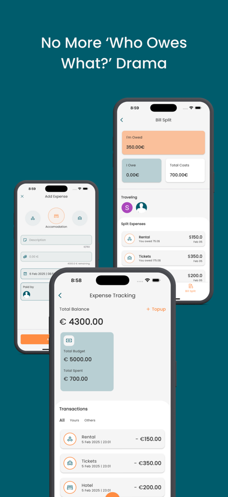 TourAI - AI Travel Planner - TourAI mobile App-Bildschirme, die Funktionen zur Verfolgung von Reiseausgaben und zur Aufteilung von Rechnungen für Gruppenreisen zeigen.