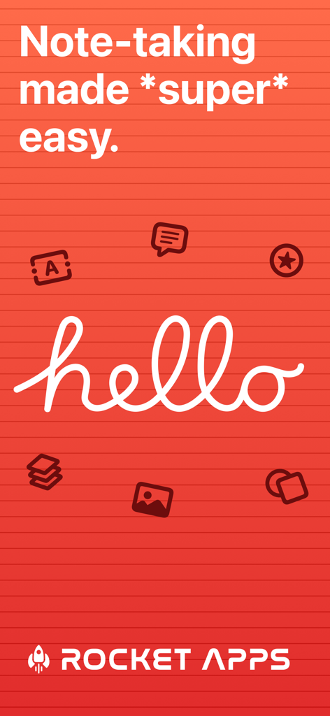 SuperNotes Note Taking App - A red notebook style background with the text Note-taking made super easy and a handwritten hello script surrounded by productivity icons.