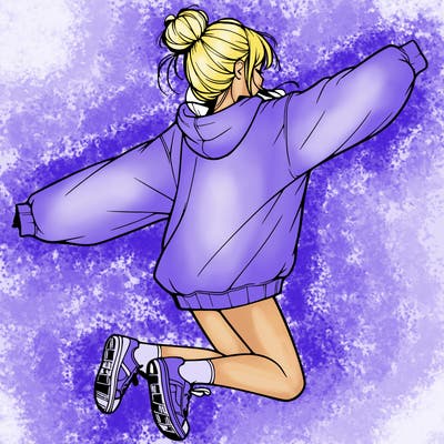 realistic girl jumping with a bun and oversized sweatshirt
