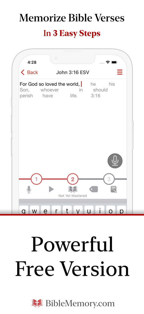 The Bible Memory App - Smartphone che mostra il processo in tre fasi per memorizzare i versetti biblici nell'app per memorizzare la Bibbia