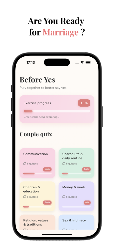 Before Yes app dashboard showing marriage preparation quizzes and progress tracking