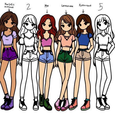 a group of girls wearing crop tops and shorts