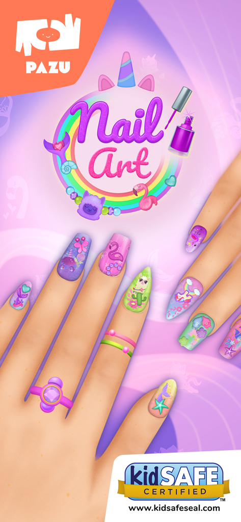 Nail Salon Games for Girls - Uñas decoradas con diseños de unicornio, flamenco y sirena en un juego de arte de uñas para niños
