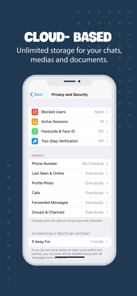 Captura de tela do aplicativo Tele Messenger mostrando configurações de privacidade e segurança, incluindo opções de senha, Face ID e verificação em duas etapas