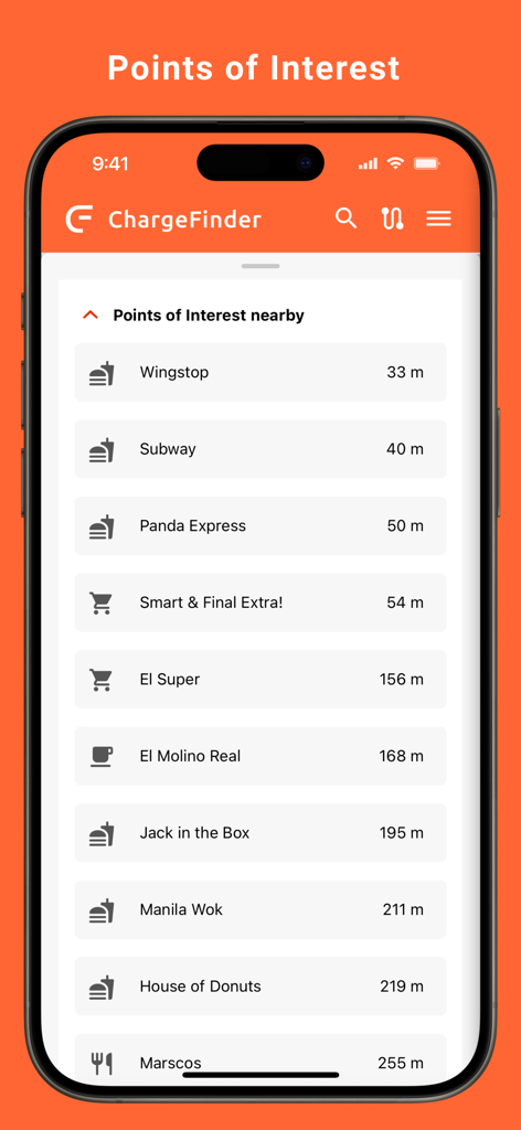 A list of nearby restaurants and shops shown in the ChargeFinder app for EV drivers