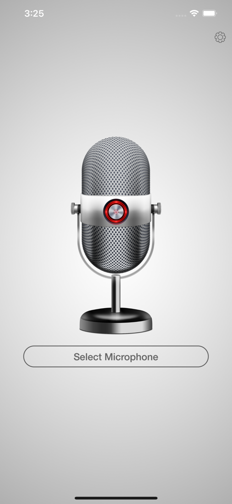 Megaphone! - Hauptbildschirm der Megaphone-App mit einem Vintage-Mikrofon und einer Schaltfläche zur Mikrofonauswahl.