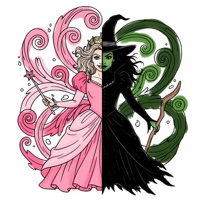 glinda and elphaba from wicked split in half together