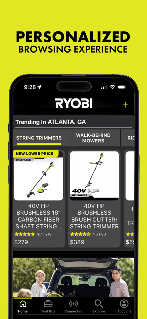 Startbildschirm der RYOBI mobilen App mit personalisierten Werkzeug-Empfehlungen und lokal trendenden Produkten