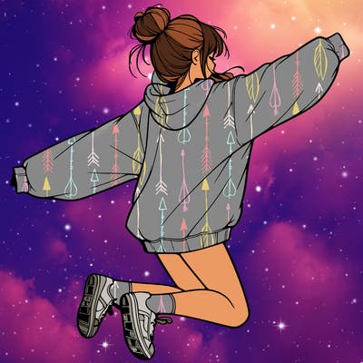 realistic girl jumping with a bun and oversized sweatshirt