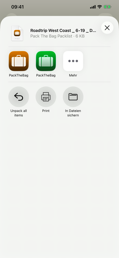 Pack The Bag Pro - A screenshot of the Pack The Bag Pro app showing export options including printing and saving a travel packlist to files.
