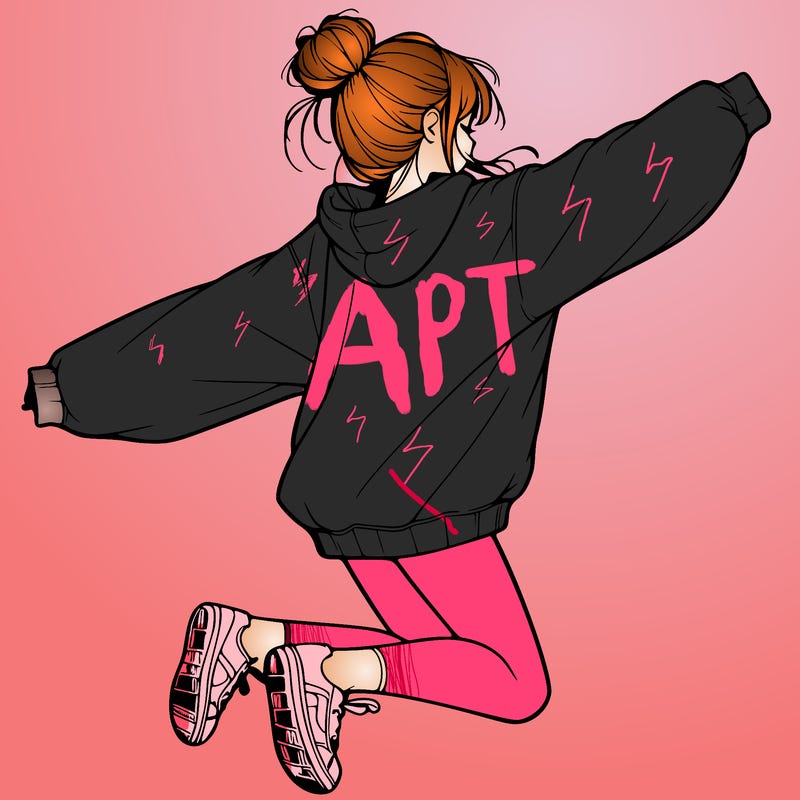 realistic girl jumping with a bun and oversized sweatshirt