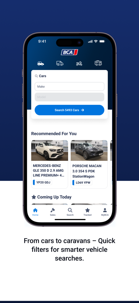BCA Buyer - BCA Buyer app home screen showing vehicle search filters and recommended car listings for trade buyers.