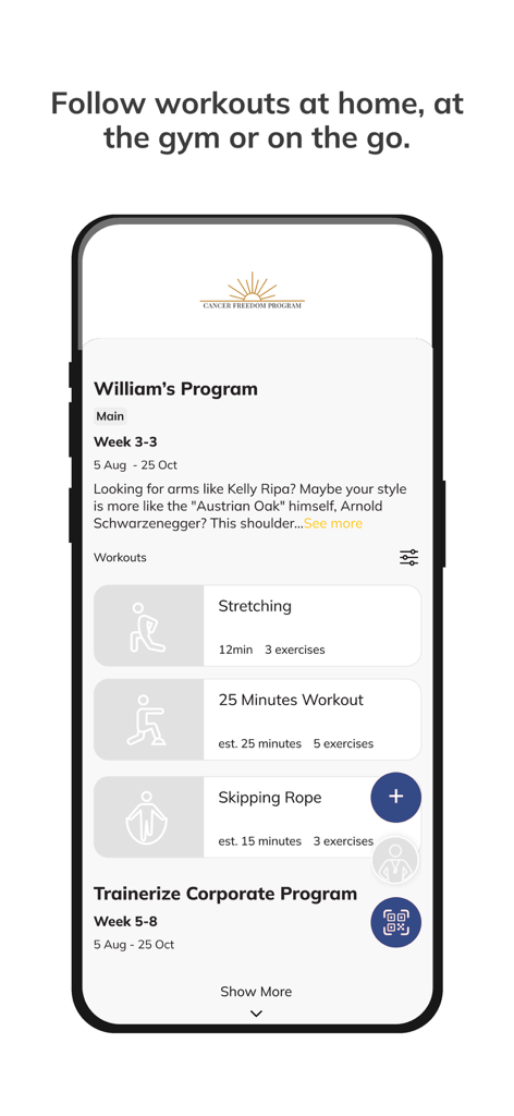 Cancer Freedom - Mobile app screen showing a personalized workout plan with stretching and cardio exercises for cancer survivors.