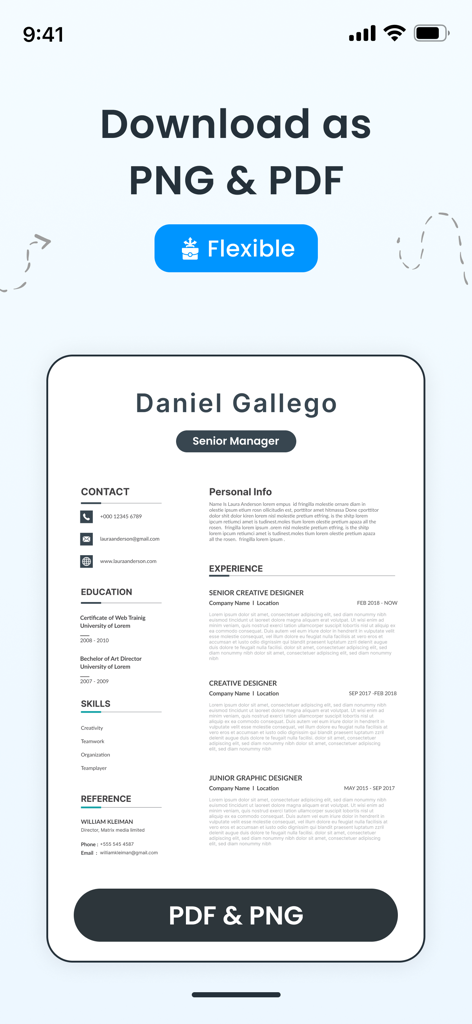 CV Maker & Resume Builder PDF - モバイルアプリ内のプロフェッショナルな履歴書テンプレートで、PDFおよびPNG形式でのダウンロードオプションが表示されています。