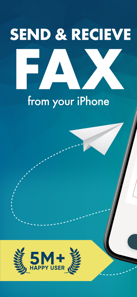 Promotional screen for the Fax from iPhone app highlighting the ability to send and receive faxes with a badge for five million happy users