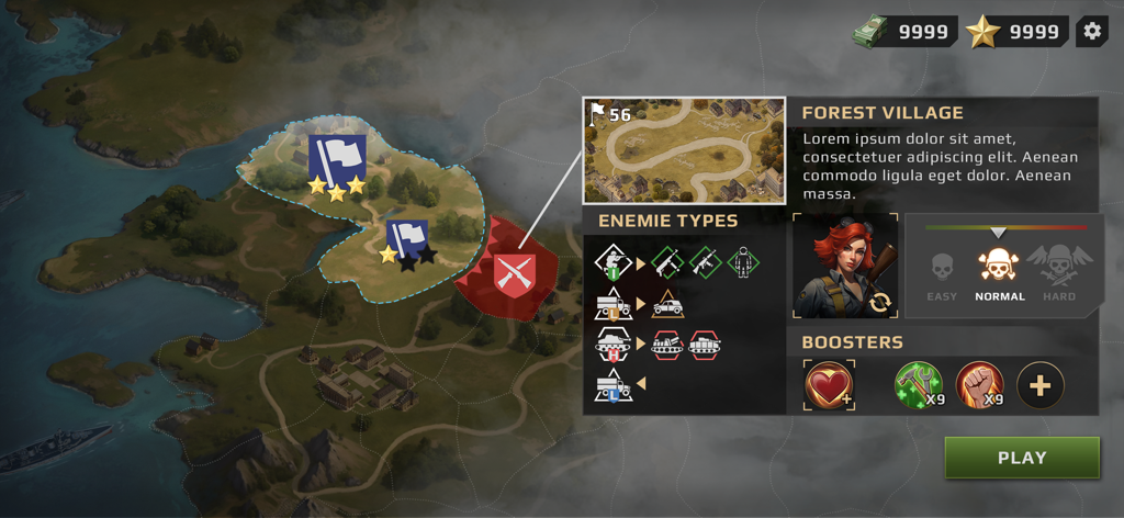 Tactical mission briefing screen for Forest Village showing enemy types and difficulty settings