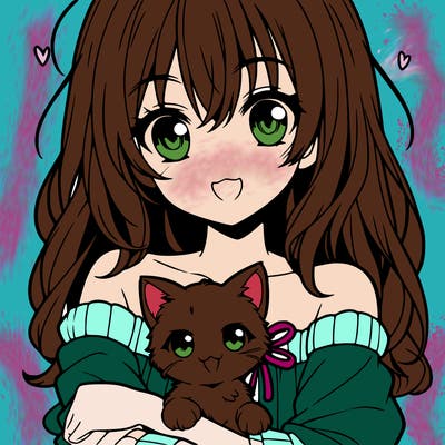 anime girl holding a kitten