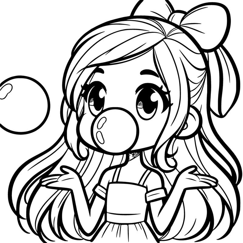 girl with long hair and blowing a bubble with gum