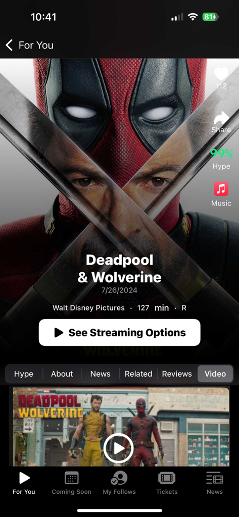 Movies Now! Stream Movie Apps - Movies Now app showing the movie detail page for Deadpool and Wolverine with a 99 percent HypeAI score.