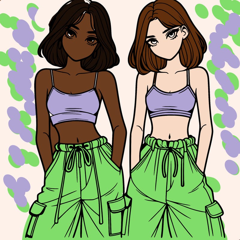 two girls with crop top with baggy pants