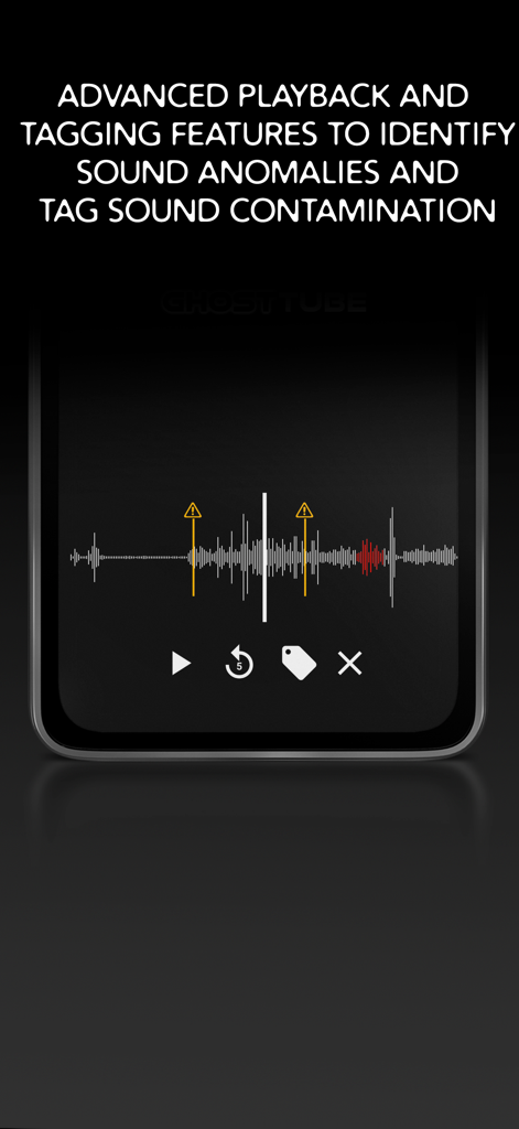 GhostTube EVP - GhostTube EVP app interface displaying sound waveform and tagging tools for paranormal investigation