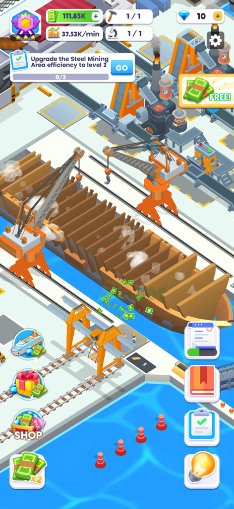 Ship Factory Tycoon - Gameplay screenshot of Ship Factory Tycoon showing a ship hull under construction in a shipyard with industrial cranes