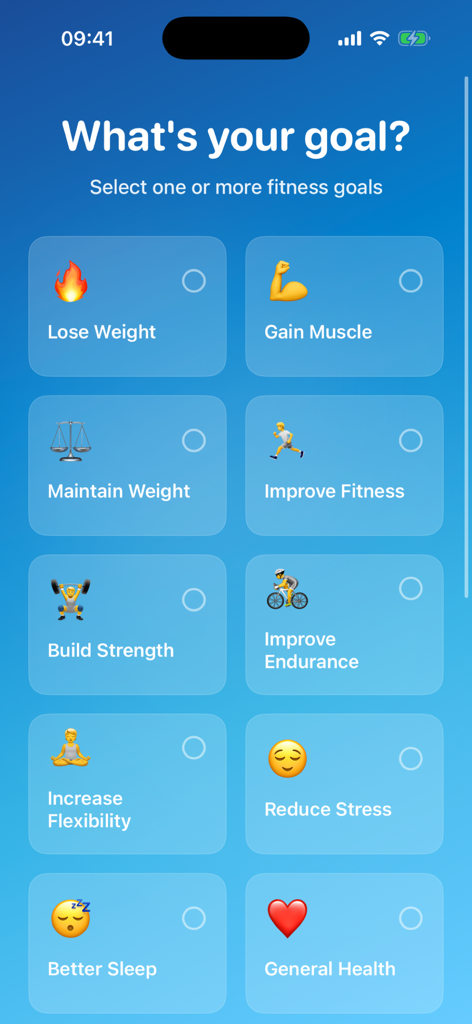 Ein Bildschirm in der HealthAI plus App, auf dem gefragt wird, was Ihr Ziel ist, mit verschiedenen Optionen für Fitness und Gesundheit zur Auswahl.