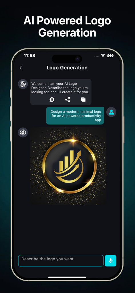 Smart Chatbot & AI Assistant - Smart Chatbot interface showing an AI generated modern gold logo from a text prompt