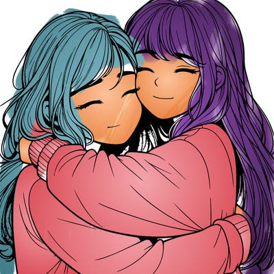 realistic two girls hugging