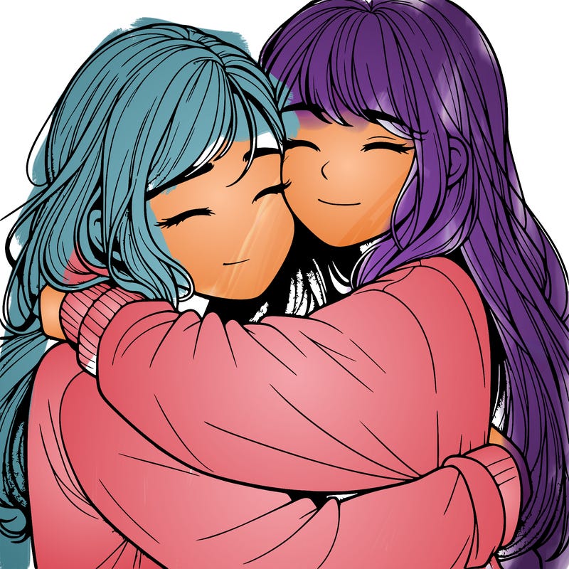 realistic two girls hugging
