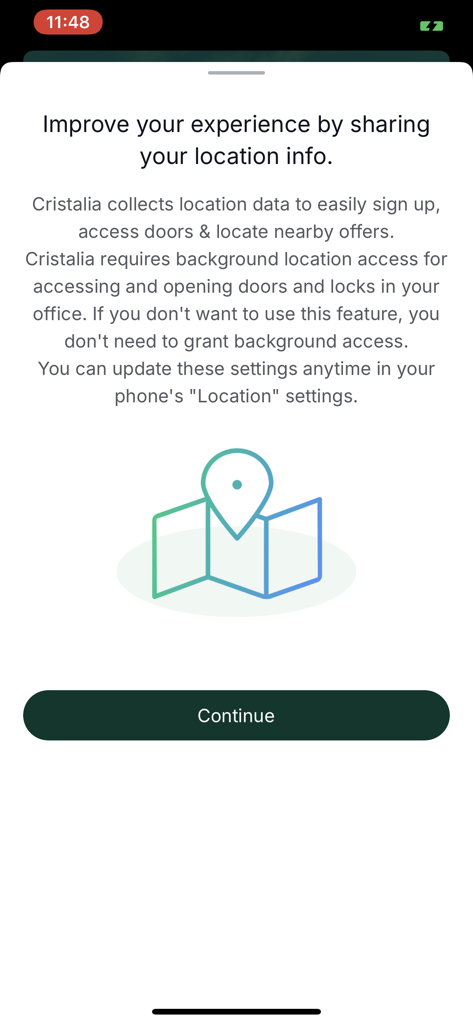 Cristalia - Pantalla de permiso de ubicación en la aplicación Cristalia que explica el uso de datos para acceso a puertas y ofertas cercanas.
