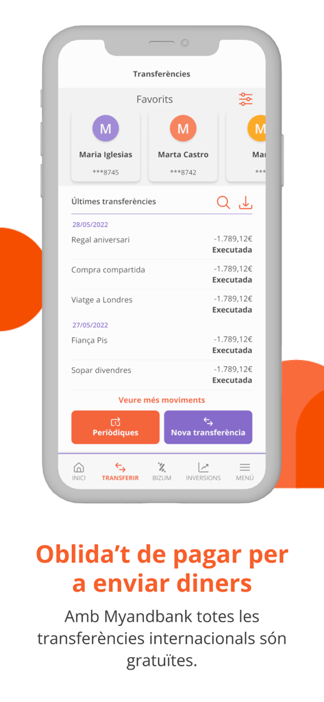 Myandbank - Pantalla móvil de la app de Myandbank mostrando la interfaz de transferencia con un historial de transacciones y contactos favoritos.