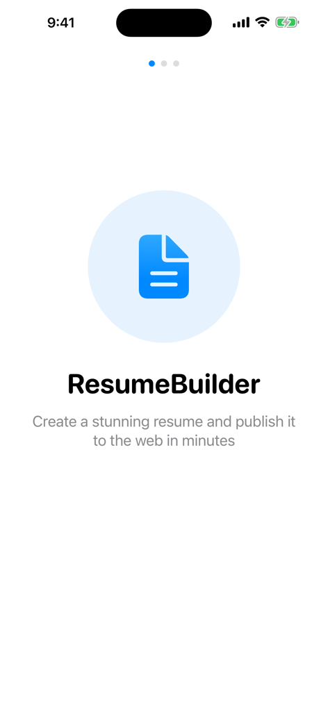 Resume Hero - Pantalla de incorporación de Resume Hero que muestra el nombre de la aplicación ResumeBuilder y un lema sobre la publicación de currículums en la web